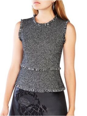BCBG Max Azria Sleeveless Fringe Trim Knit Top in Gray